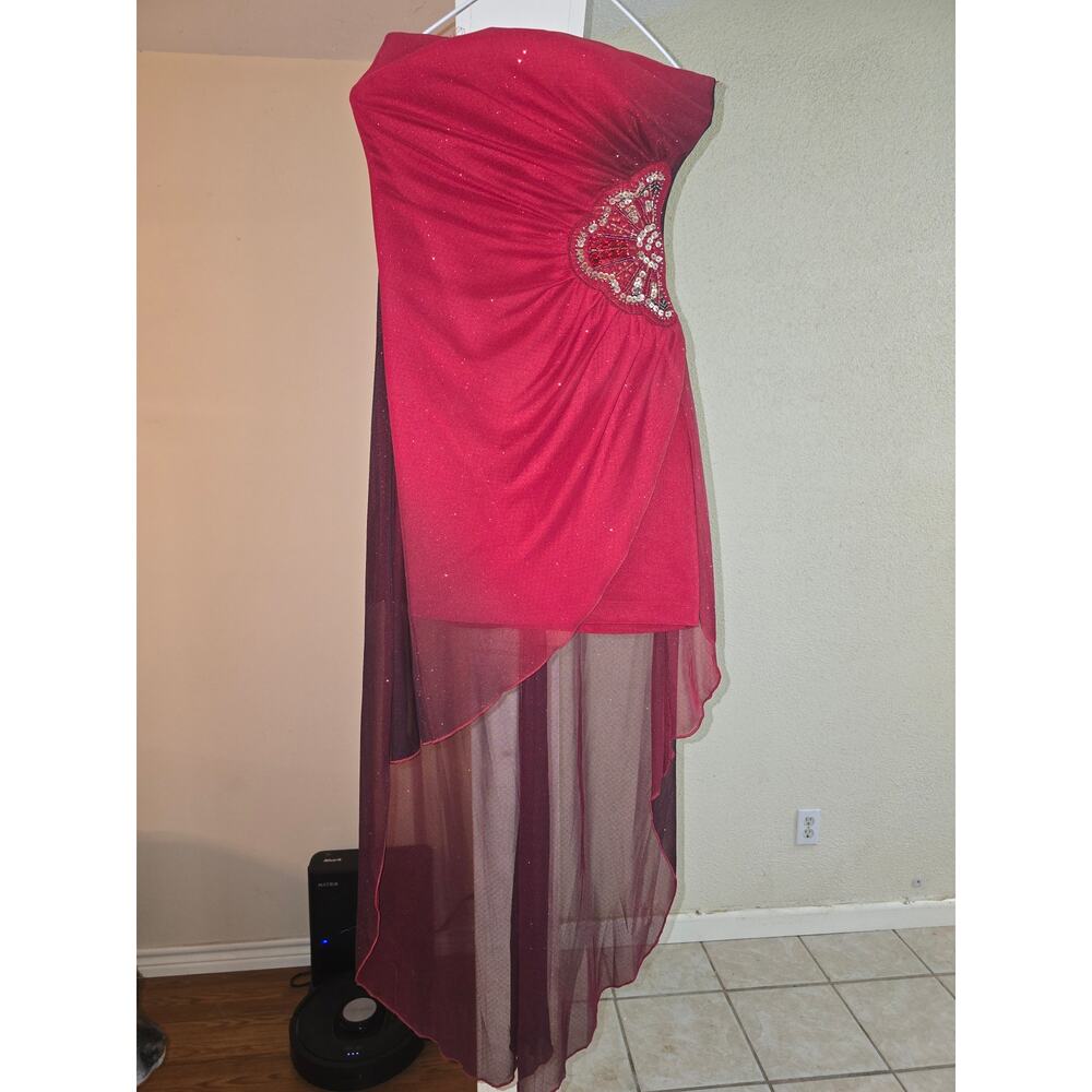 Teeze Me Red High-Low Dress Strapless Beaded Formal Prom Cocktail Evening Gown